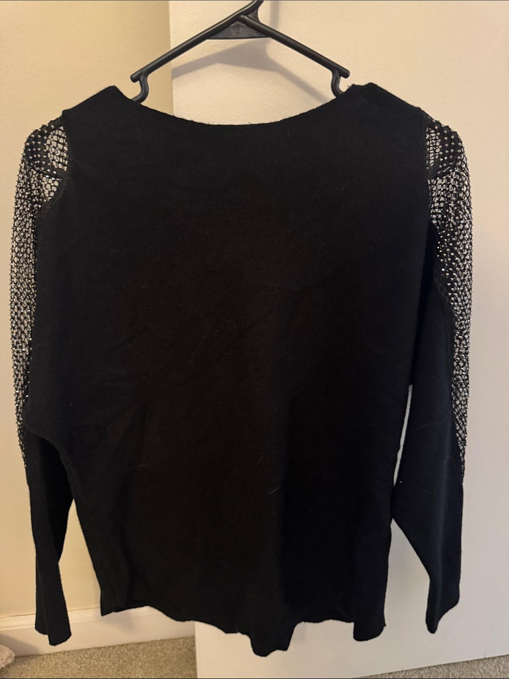 Soft Black Women's 3/4 Sleeve Sweater with Rhinestone Fishnet Mesh-Detail